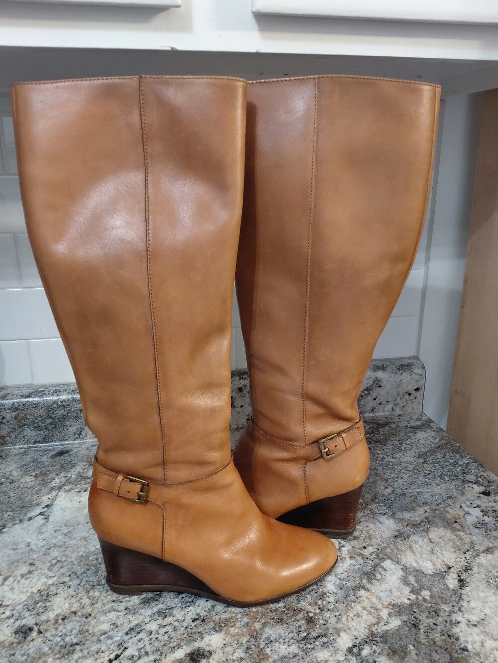 Lauren Ralph Lauren Tia Cognac Brown Leather Knee-High Wedge Boots